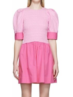 GANNI Pink Block Cotton Poplin Smock Mini Dress